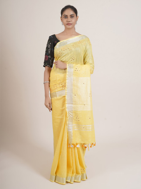 

Pothys Yellow & Silver-Toned Embellished Mirror Work Saree