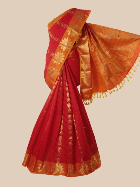 

Pothys Red & Orange Floral Zari Pure Silk Kanjeevaram Saree