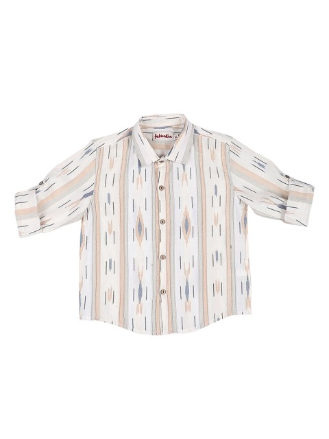 

Fabindia Boys White & Beige Cotton Ikat Printed Casual Shirt