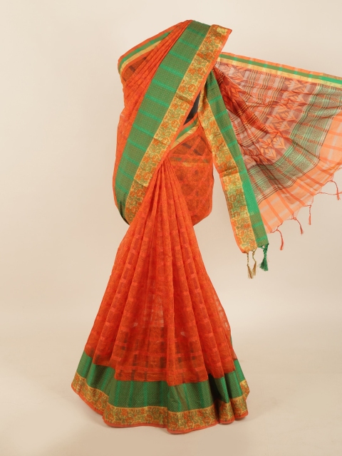 

Pothys Orange & Green Self Checked Saree with Printed Detail