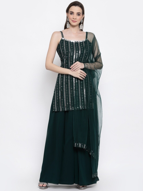 

KHALOM Women Green Embroidered Sequinned Kurta with Skirt & With Dupatta