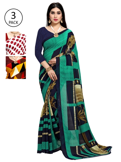 

KALINI Pack Of 3 Sarees, Green