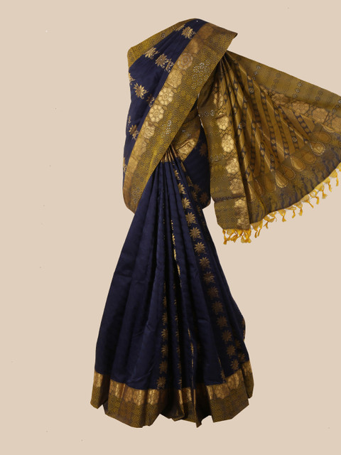 

Pothys Navy Blue & Green Woven Design Zari Pure Silk Kanjeevaram Saree