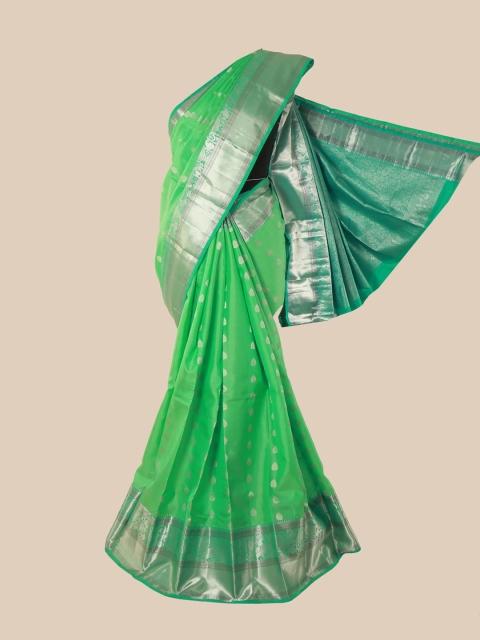 

Pothys Green & Silver-Toned Woven Design Zari Pure Silk Kanjeevaram Saree