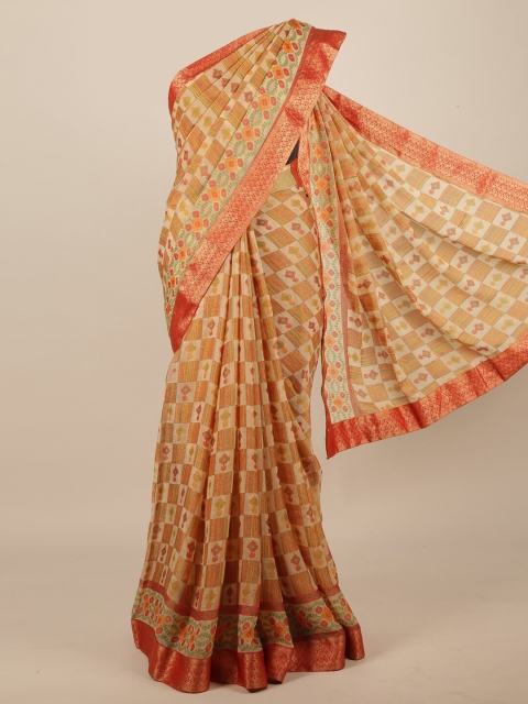 

Pothys Cream-Coloured & Green Poly Chiffon Saree