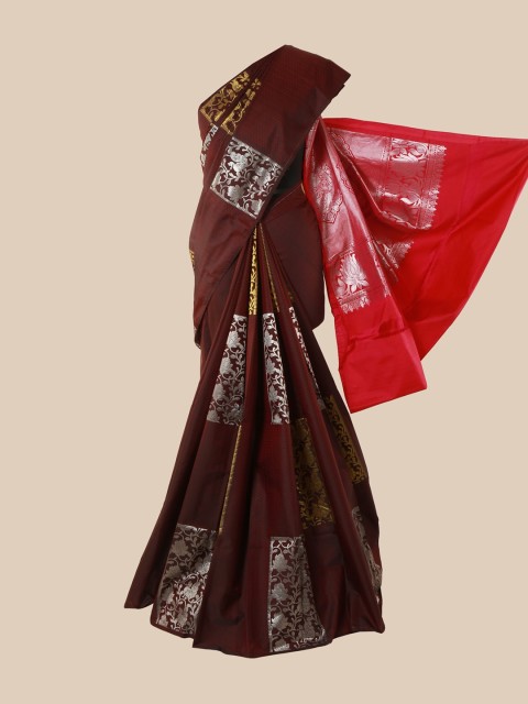

Pothys Maroon & Silver-Toned Ethnic Motifs Zari Pure Silk Kanjeevaram Saree
