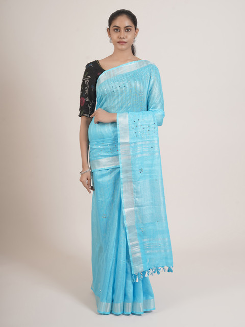 

Pothys Blue & Silver-Toned Embellished Mirror Work Linen Blend Saree