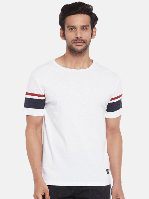 

People Men White Striped Pure Cotton T-shirt