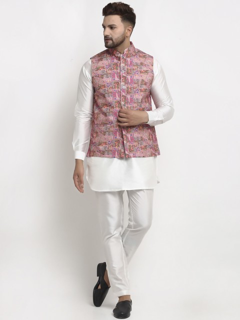 

Benstoke Men White & Multi Kurta With Pyjamas & Nehru Jacket