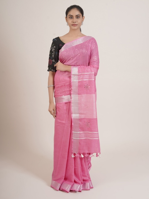 

Pothys Pink & Silver-Toned Floral Linen Blend Saree