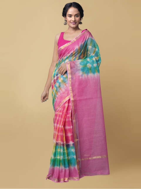 

Unnati Silks Pink & Blue Tie and Dye Zari Border Pure Cotton Kota Saree