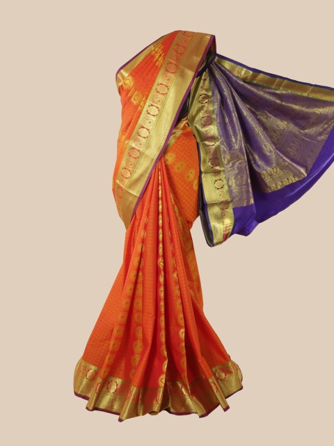 

Pothys Orange & Gold-Toned Woven Design Zari Pure Silk Kanjeevaram Saree