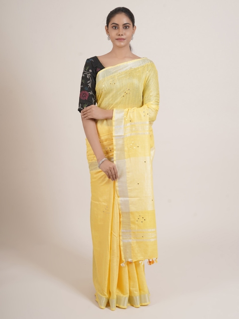 

Pothys Yellow & Silver-Toned Embellished Embroidered Linen Blend Saree