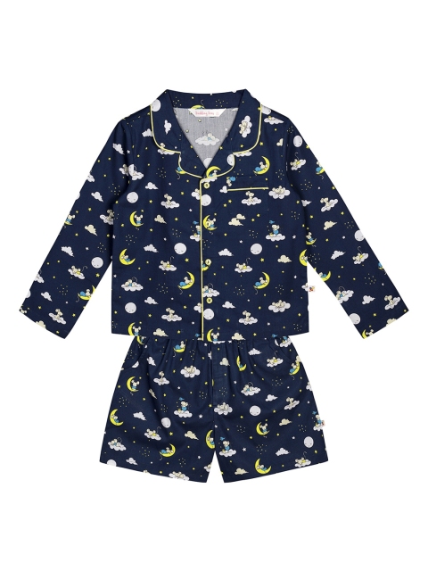 

Budding Bees Boys Navy Blue & White Printed Night suit