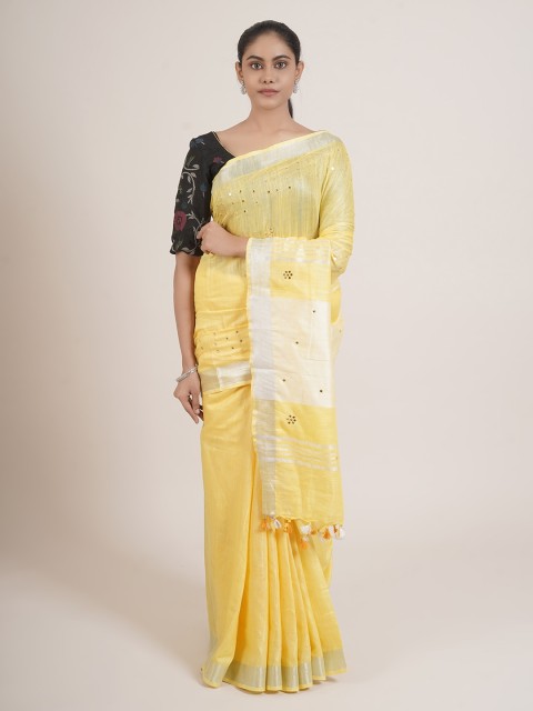 

Pothys Yellow & Silver-Coloured Mirror Work Linen Blend Saree