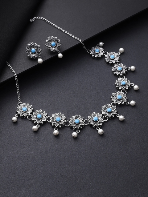 

Priyaasi Oxidised Silver-Toned Turquoise Blue & White Stone Handcrafted Jewellery Set