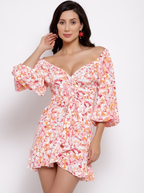 

iki chic Pink & White Floral Off-Shoulder Wrap Mini Dress