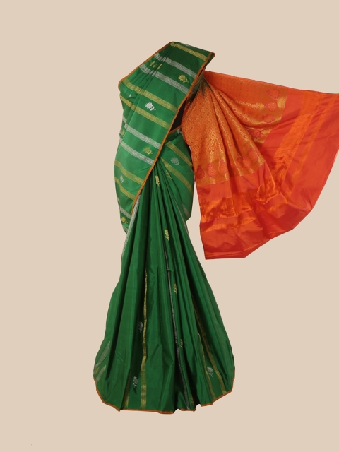 

Pothys Green & Orange Striped Zari Pure Silk Kanjeevaram Saree