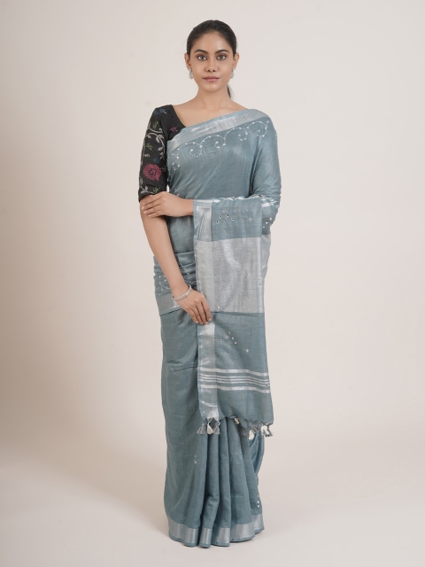 

Pothys Grey & Silver-Toned Embellished Mirror Work Linen Blend Saree
