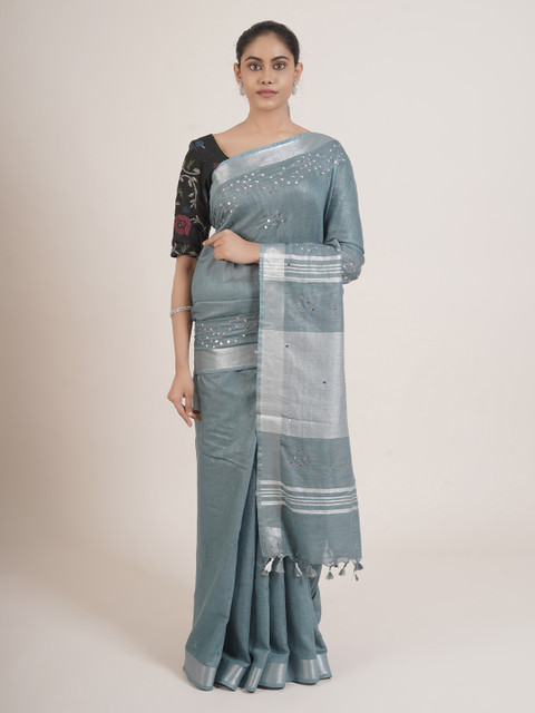 

Pothys Grey & Silver Ethnic Motifs Mirror Work Linen Blend Saree