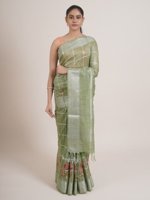 

Pothys Green & Silver-Toned Checked Zari Saree