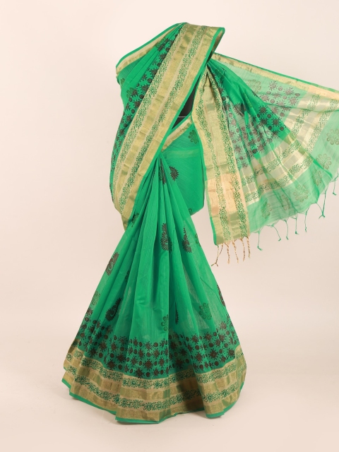 

Pothys Green & Black Cotton Blend Saree