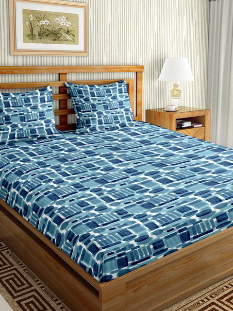 

BELLA CASA Blue & White Geometric 180 TC King Bedsheet with 2 Pillow Covers