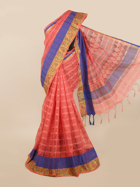 

Pothys Peach-Coloured & Blue Ethnic Motifs Print Saree
