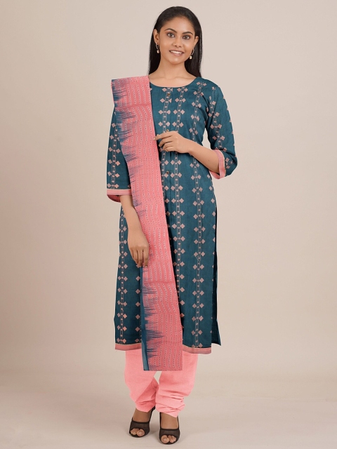 

Pothys Teal & Pink Printed Unstitched Dress Material