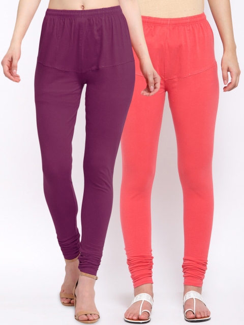 

KLOTTHE Women Pack of 2 Solid Cotton Churidar-Length Leggings, Purple