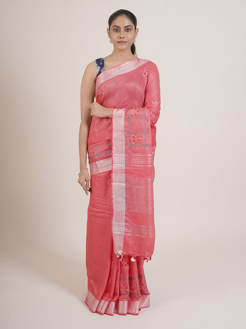 

Pothys Pink & Silver-Toned Floral Zari Linen Blend Saree