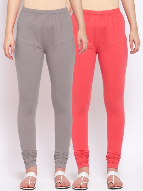 

KLOTTHE Women Pack of 2 Solid Cotton Churidar-Length Leggings, Peach