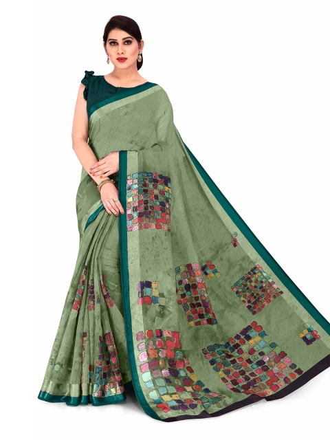 

KALINI Green & Pink Block Print Saree
