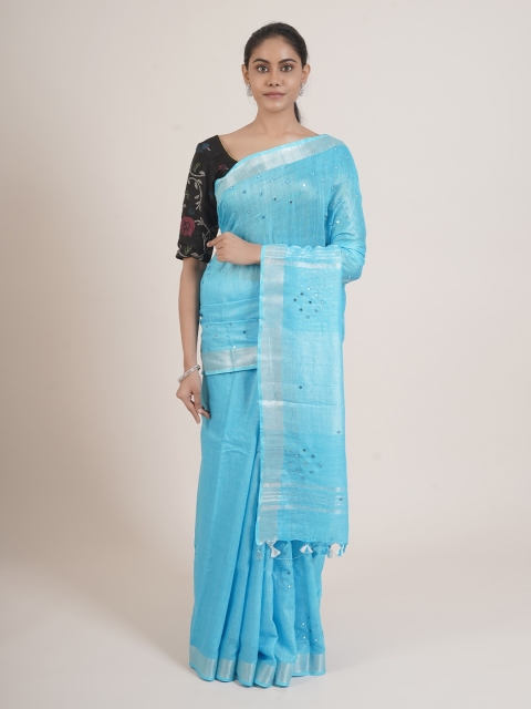 

Pothys Blue & Silver-Toned Embellished Linen Blend Saree