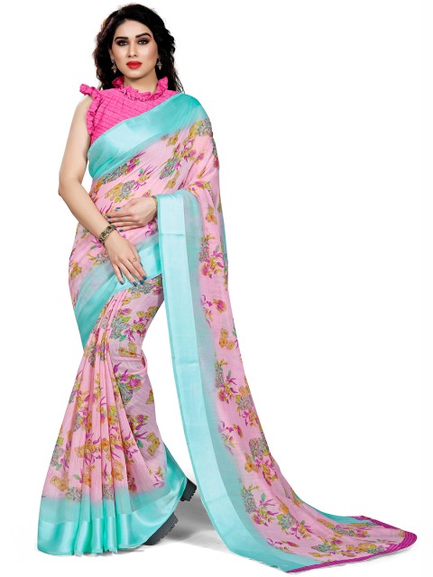 

KALINI Pink & Turquoise Blue Floral Printed Saree