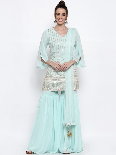 

KHALOM Women Light Blue Georgette Embellished Kurta & Sharara With Dupatta