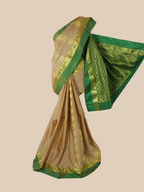 

Pothys Cream-Coloured & Green Woven Design Zari Pure Silk Kanjeevaram Saree
