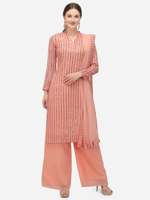 

JATRIQQ Orange Sequin Embellished Semi-Stitched Dress Material