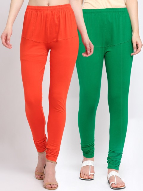 

KLOTTHE Women Pack of 2 Solid Cotton Churidar-Length Leggings, Orange