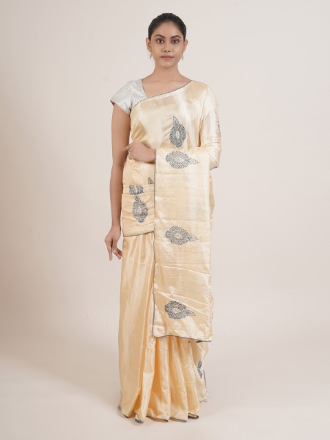 

Pothys Cream-Coloured & Grey Ethnic Motifs Embroidered Silk Blend Saree