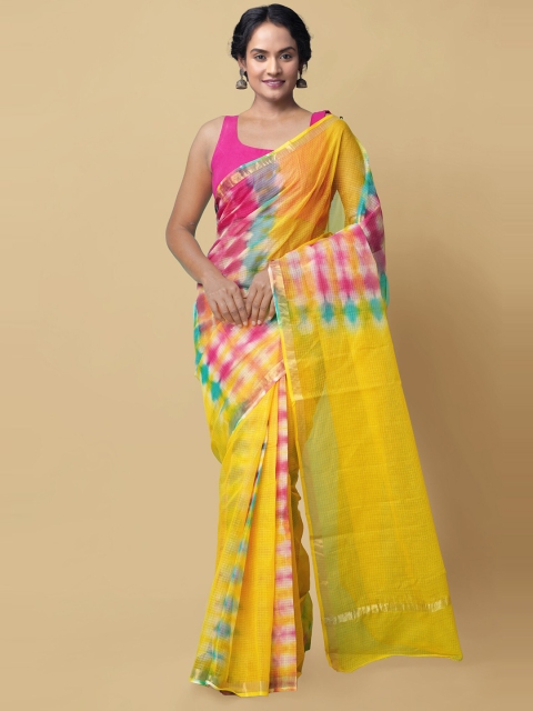 

Unnati Silks Yellow & Pink Zari Pure Cotton Kota Sustainable Saree