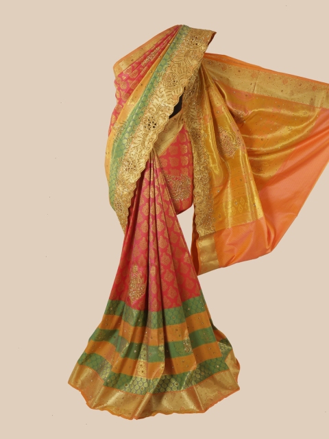 

Pothys Pink & Green Embellished Beads and Stones Pure Silk Saree