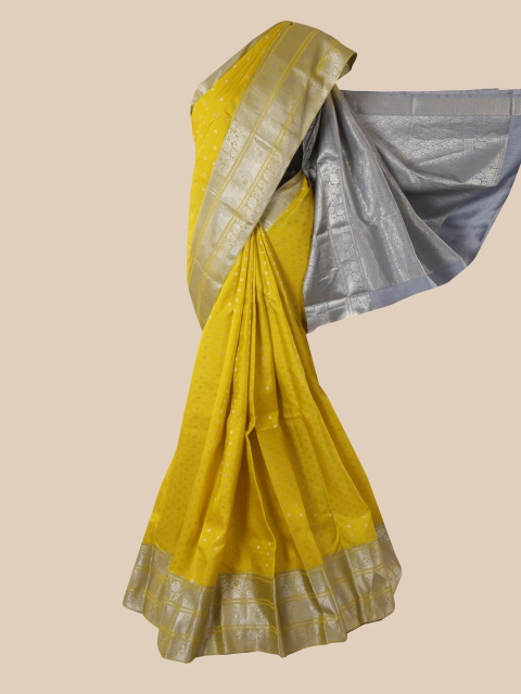 

Pothys Yellow & Silver-Toned Woven Design Zari Pure Silk Kanjeevaram Saree