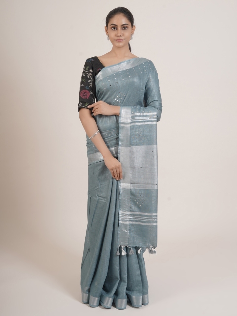 

Pothys Grey & Silver-Toned Embellished Linen Blend Saree