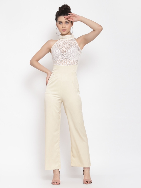 

iki chic Cream-Coloured Halter Neck Basic Jumpsuit with Lace Inserts