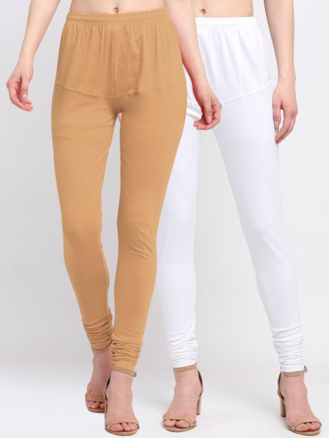 

KLOTTHE Women Pack Of 2 Solid Cotton Churidar-Length Leggings, Beige