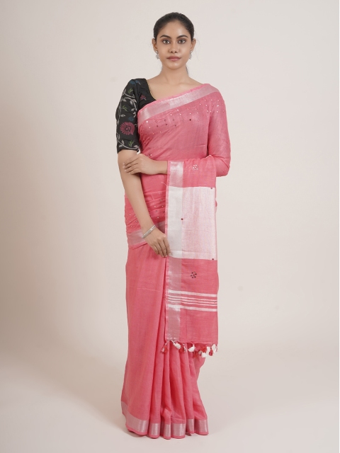 

Pothys Pink & Silver-Toned Embellished Linen Blend Saree
