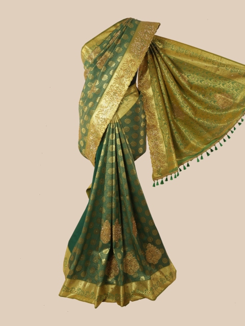 Pothys Green & Gold-Toned Floral Beads and Stones Pure Silk Kanjeevaram Saree