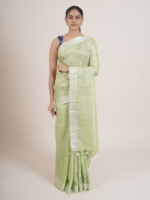 

Pothys Green & Silver-Toned Linen Blend Saree