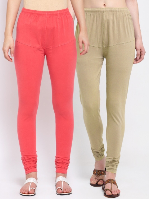 

KLOTTHE Women Pack of 2 Solid Cotton Churidar-Length Leggings, Peach
